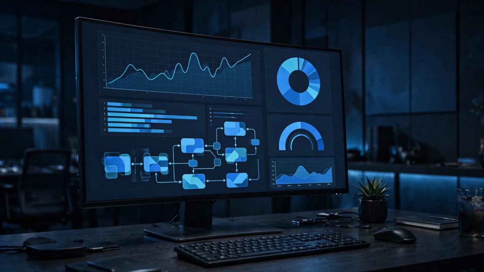 Illustrative photo: business dashboard with workflow automation charts
