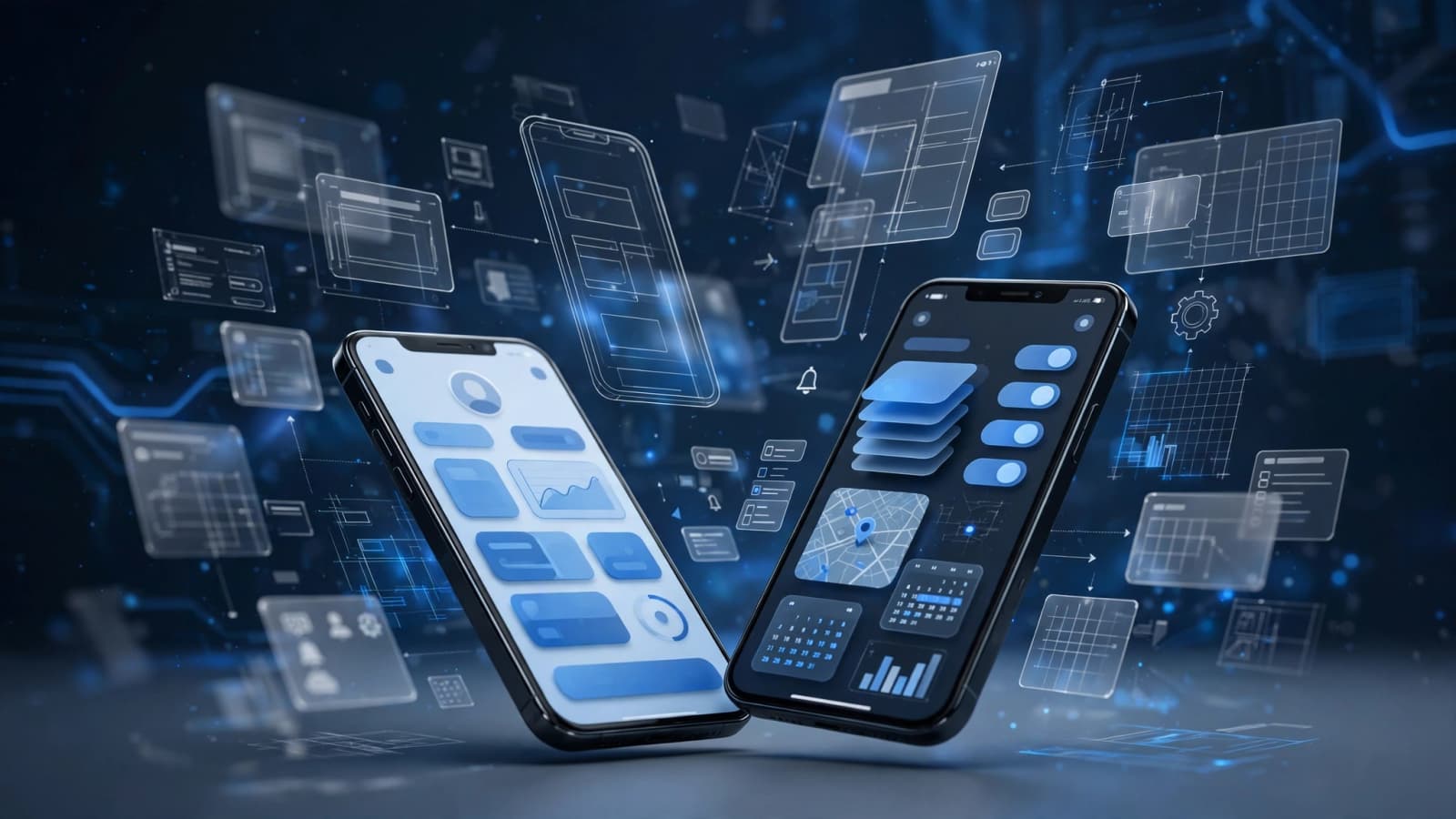 Smartphones displaying mobile app interfaces with floating UI screens