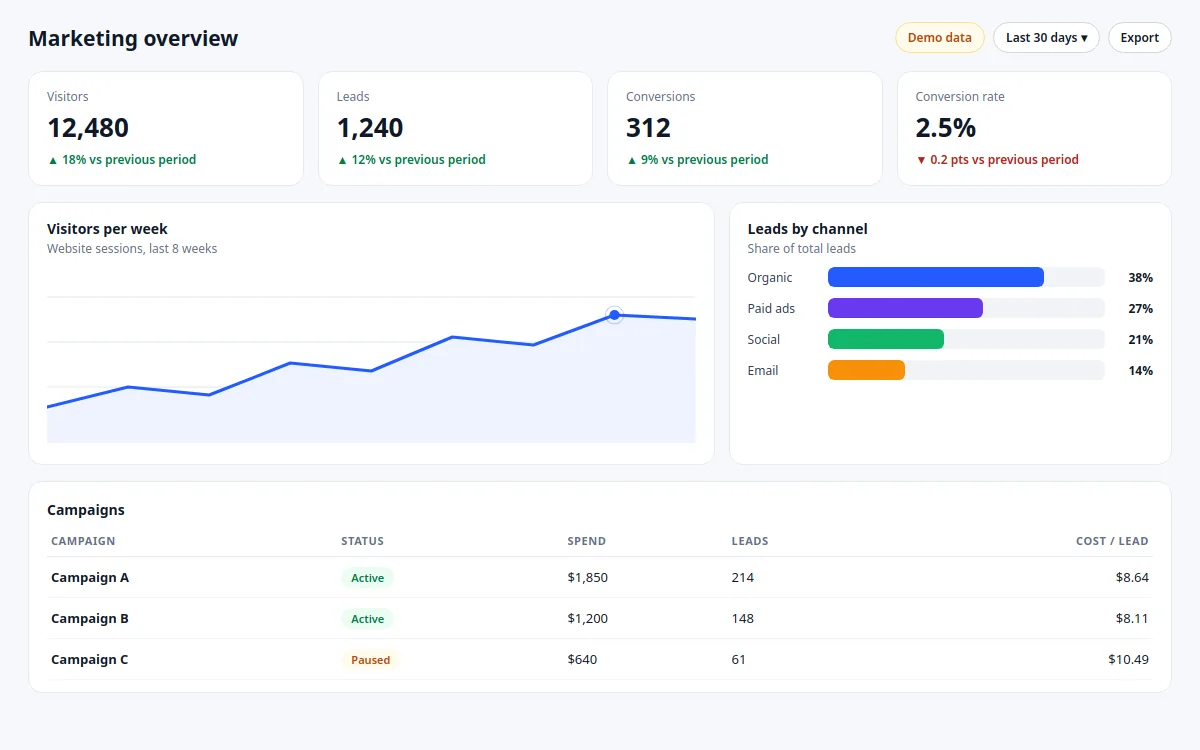 Demo marketing dashboard with visitors, leads, conversions and campaign table